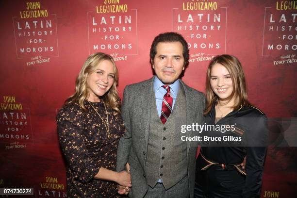 Justine Maurer, husband John Leguizamo and daughter Allegra Leguizamo pose at the opening night of "Latin History for Morons" on Broadway at Studio...