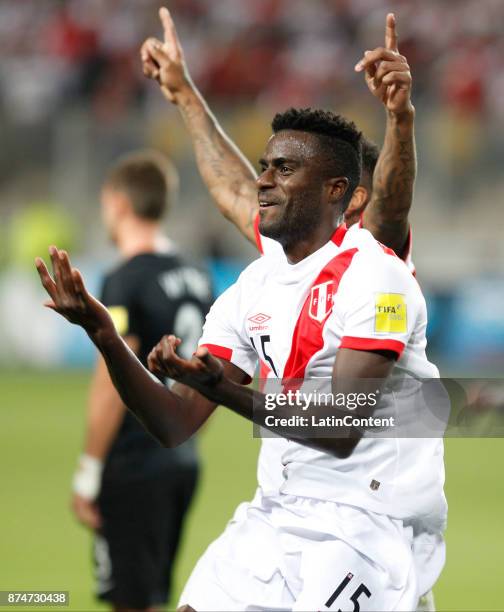 Christian Ramos of Peru celebrates after scoring the second goal of his team during a second leg match between Peru and New Zealand as part of the...
