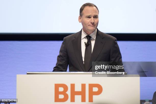 Ken MacKenzie, chairman of BHP Billiton Ltd., addresses shareholders at the company's annual general meeting in Melbourne, Australia, on Thursday,...