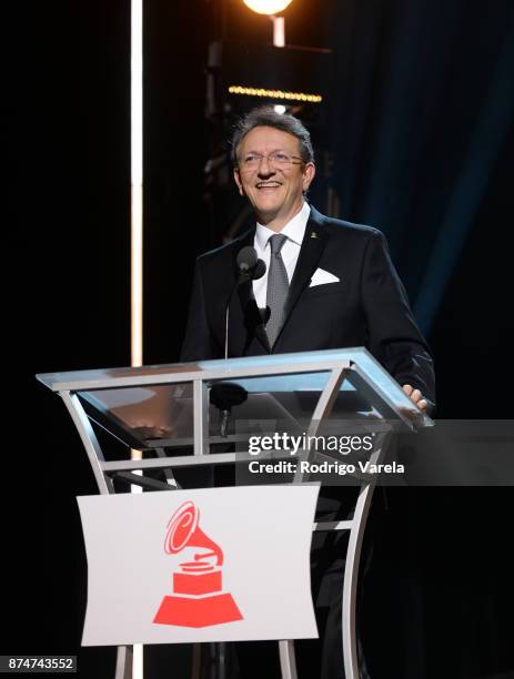 Latin Recording Academy President/CEO Gabriel Abaroa speaks onstage at the 2017 Person of the Year Gala honoring Alejandro Sanz at the Mandalay Bay...