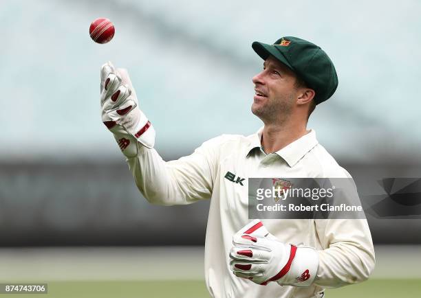 Matthew Wade of Tasmania waits for the start of play during day four of the Sheffield Shield match between Victoria and Tasmania at Melbourne Cricket...