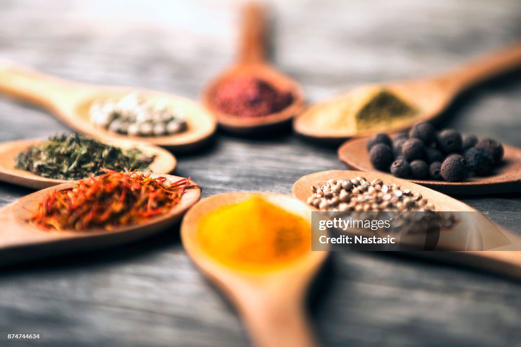 Spices in spoons arranged in circle