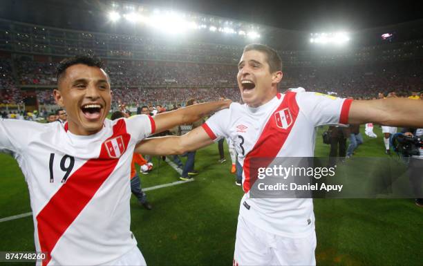 Yoshimar Yotun and Aldo Corzo of Peru elebrate the qualification after a second leg match between Peru and New Zealand as part of the 2018 FIFA World...