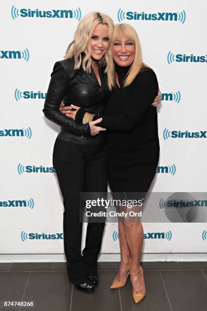 Actress Suzanne Somers poses for a photo with SiriusXM host Jenny McCarthy during a visit to the SiriusXM Studios on November 15, 2017 in New York...