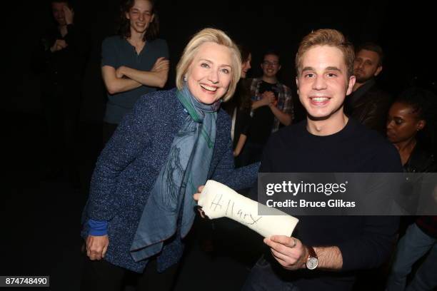 Hillary Clinton and Ben Platt pose at the hit musical "Dear Evan Hansen" on Broadway at The Music Box Theatre on November 15, 2017 in New York City.