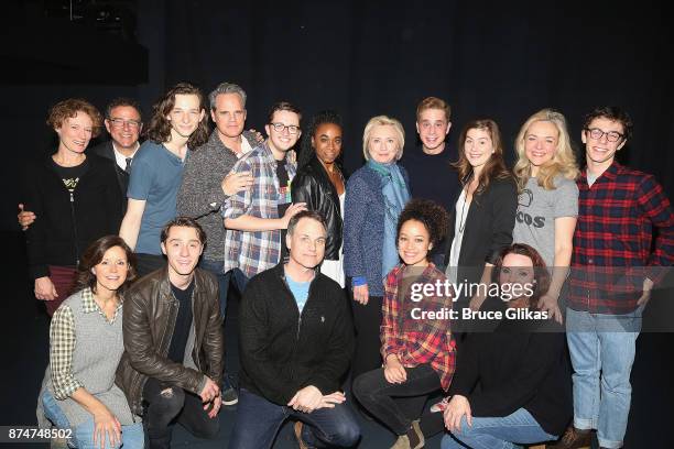 Hillary Clinton poses with Ben Platt and the cast at the hit musical "Dear Evan Hansen" on Broadway at The Music Box Theatre on November 15, 2017 in...