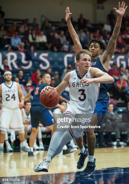 St. Mary's Gaels guard Emmett Naar circles around the inside of the key during the game between the St. Mary's Gaels and the Cal State Fullerton...