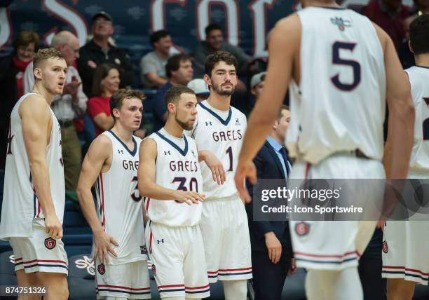 St. Mary's Gaels bench celebrates their 76-56 win after the game between the St. Mary's Gaels and the Cal State Fullerton Titans on November 15, 2017...