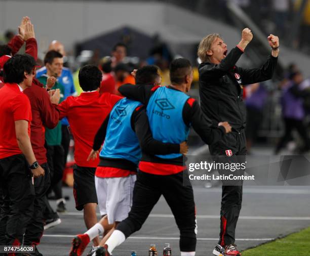 Ricardo Gareca celebrates his team's second goal during a second leg match between Peru and New Zealand as part of the 2018 FIFA World Cup Qualifier...