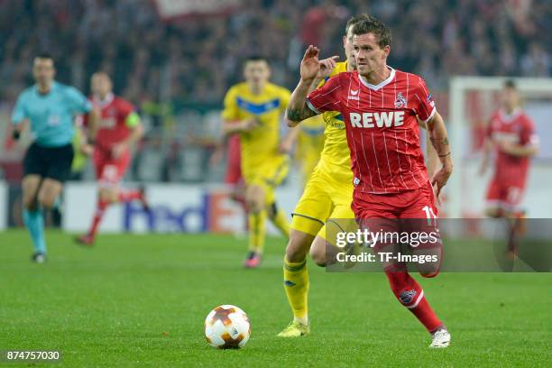 Simon Zoller of Koeln controls the ball during the UEFA Europa League group H match between 1. FC Koeln and BATE Borisov at RheinEnergieStadion on...