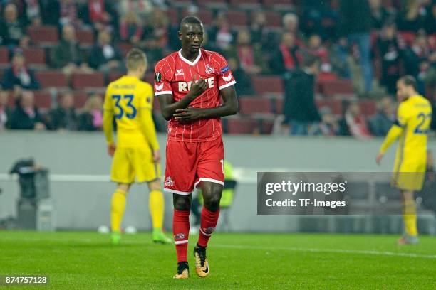 Sehrou Guirassy of Koeln gestures during the UEFA Europa League group H match between 1. FC Koeln and BATE Borisov at RheinEnergieStadion on November...