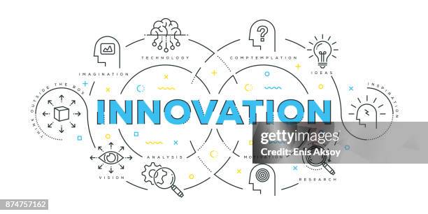 ilustraciones, imágenes clip art, dibujos animados e iconos de stock de línea plana moderna concepción de la innovación - tormenta de ideas