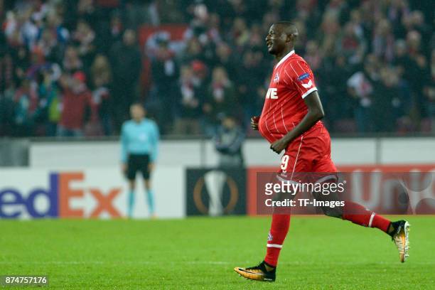 Sehrou Guirassy of Koeln celebrates after scoring his team`s third goal during the UEFA Europa League group H match between 1. FC Koeln and BATE...