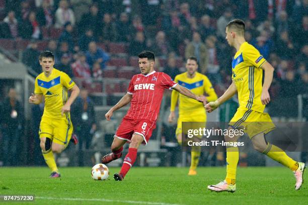 Milos Jojic of Koeln scores the team`s fifth goal during the UEFA Europa League group H match between 1. FC Koeln and BATE Borisov at...