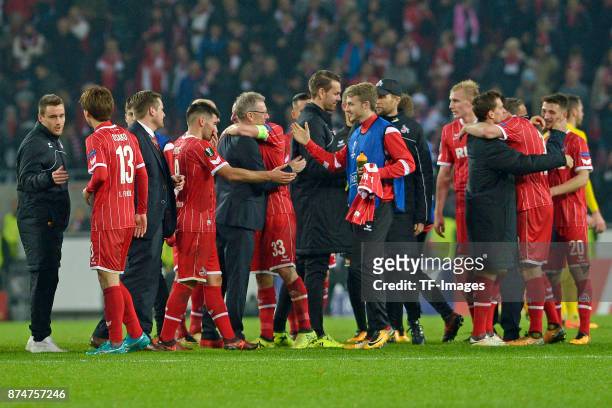 The team of Koeln celebrates after winning during the UEFA Europa League group H match between 1. FC Koeln and BATE Borisov at RheinEnergieStadion on...