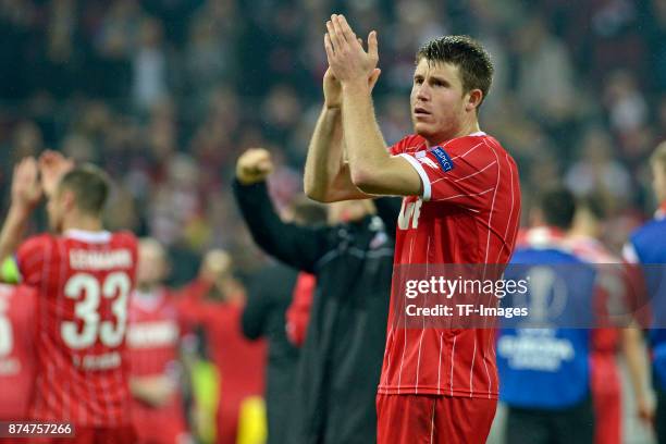 Dominique Heintz of Koeln gestures during the UEFA Europa League group H match between 1. FC Koeln and BATE Borisov at RheinEnergieStadion on...