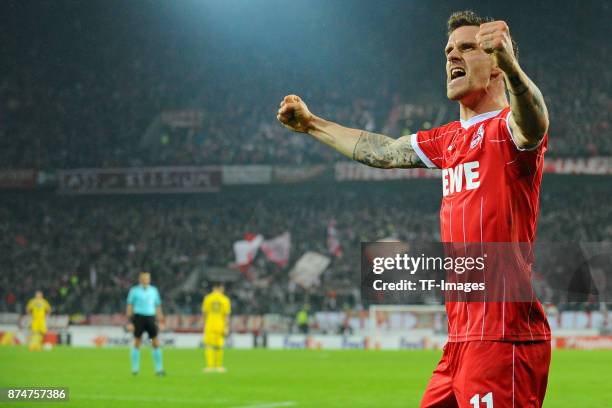 Simon Zoller of Koeln celebrates after scoring his team`s first goal during the UEFA Europa League group H match between 1. FC Koeln and BATE Borisov...