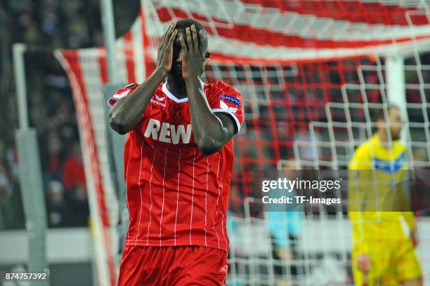 Sehrou Guirassy of Koeln looks dejected during the UEFA Europa League group H match between 1. FC Koeln and BATE Borisov at RheinEnergieStadion on...