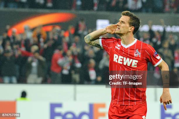 Simon Zoller of Koeln celebrates after scoring his team`s first goal during the UEFA Europa League group H match between 1. FC Koeln and BATE Borisov...