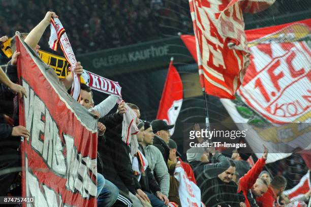 Supporters of Koeln are seen during the UEFA Europa League group H match between 1. FC Koeln and BATE Borisov at RheinEnergieStadion on November 2,...