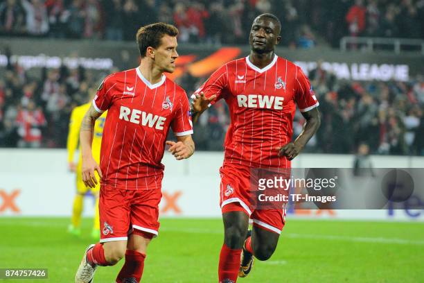 Simon Zoller of Koeln celebrates after scoring his team`s first goal with Sehrou Guirassy of Koeln during the UEFA Europa League group H match...