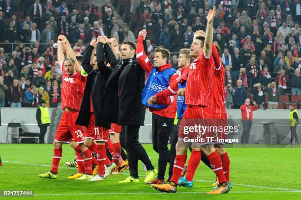 The team of Koeln celebrates after winning during the UEFA Europa League group H match between 1. FC Koeln and BATE Borisov at RheinEnergieStadion on...