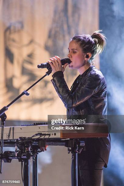 Musician/vocalist Sara Quin of Tegan and Sara performs in concert during 'The Con X: Tour' at Paramount Theatre on November 15, 2017 in Austin, Texas.