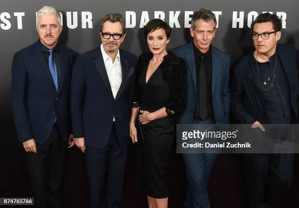 Anthony McCarten, Gary Oldman, Kristin Scott Thomas, Ben Mendelsohn and Joe Wright attend the 'Darkest Hour' New York Premiere at Paris Theatre on...