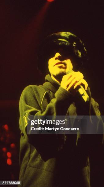 British singer-songwriter Jay Kay of Jamiroquai performs on stage, United Kingdom, 1997.