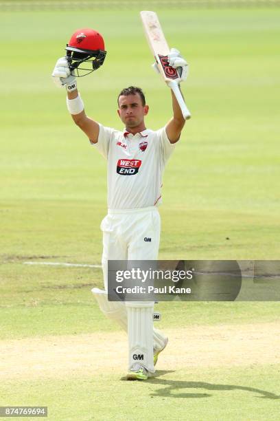 Jake Weatherald of South Australia celebrates his century during day four of the Sheffield Shield match between Western Australia and South Australia...