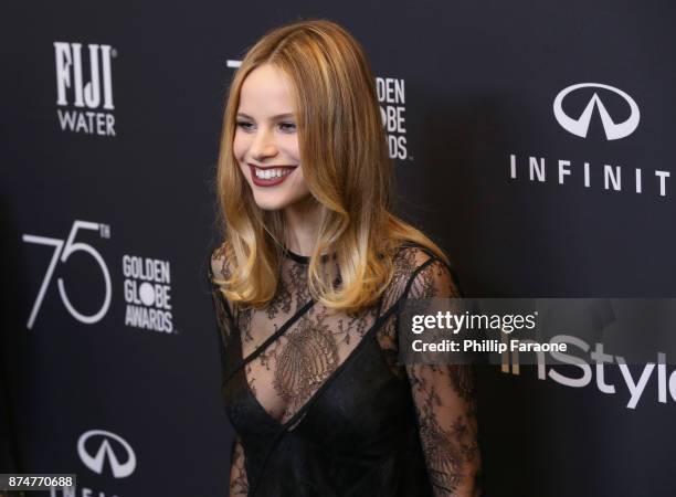 Halston Sage attends the HFPAs and InStyle's Celebration of the 2018 Golden Globe Awards Season and the Unveiling of the Golden Globe Ambassador at...