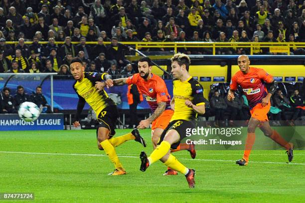 Raphael Guerreiro of Dortmund scores the team`s first goal during the UEFA Champions League Group H soccer match between Borussia Dortmund and APOEL...