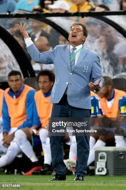 Honduras head coach Jorge Luis Pinto unhappy with the call at the Soccer World Cup Qualifier between Australia and Honduras on November 15, 2017 at...