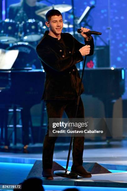 Nick Jonas performs onstage during the 2017 Person of the Year Gala honoring Alejandro Sanz at the Mandalay Bay Convention Center on November 15,...