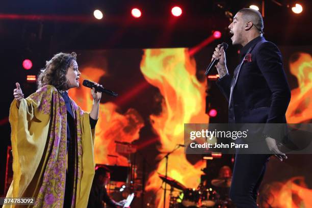 Natalia Lafourcade and Manuel Medrano perform onstage during the 2017 Person of the Year Gala honoring Alejandro Sanz at the Mandalay Bay Convention...