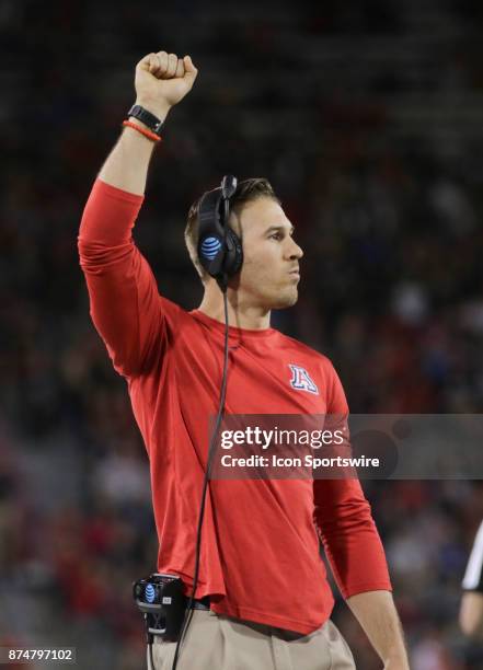 Arizona Wildcats Offensive Analyst B.J. Denker coaches during a college football game between the Oregon State Beavers and Arizona Wildcats on...