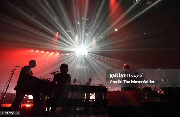 Korey Richey, Nancy Whang, James Murphy, and Pat Mahoney of LCD Soundsystem perform in support of the band's "American Dream" release at Bill Graham...