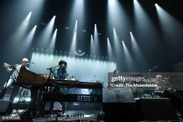 Korey Richey, Nancy Whang, James Murphy, and Pat Mahoney of LCD Soundsystem perform in support of the band's "American Dream" release at Bill Graham...
