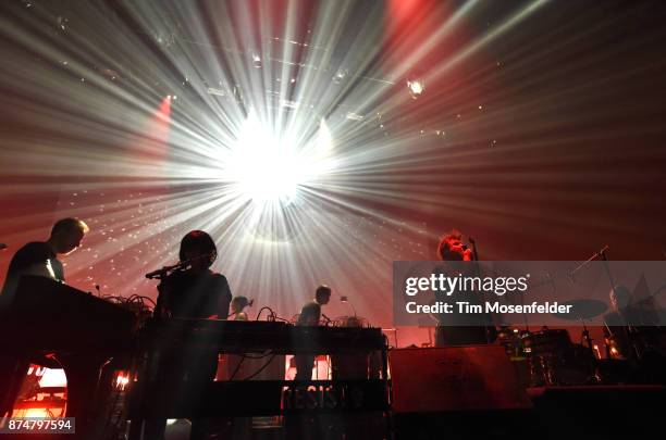 Korey Richey, Nancy Whang, James Murphy, and Pat Mahoney of LCD Soundsystem perform in support of the band's "American Dream" release at Bill Graham...