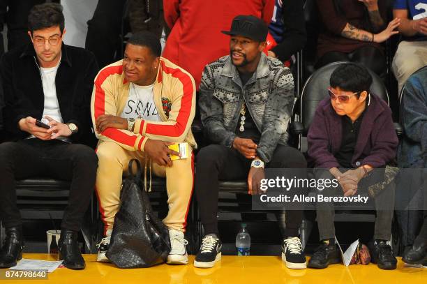 Floyd Mayweather, Jr. Attends a basketball game between the Los Angeles Lakers and the Philadelphia 76ers at Staples Center on November 15, 2017 in...