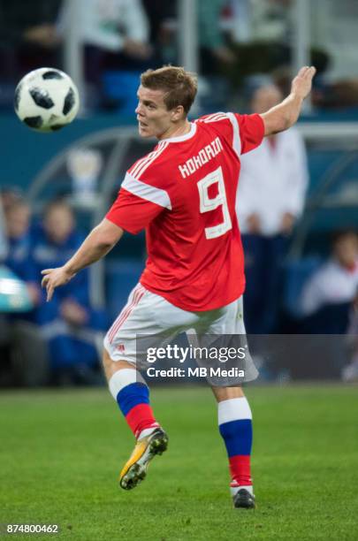 International friendly football match at Saint Petersburg Stadium. The game ended in a 3-3 draw. Russia's Aleksander Kokorin.