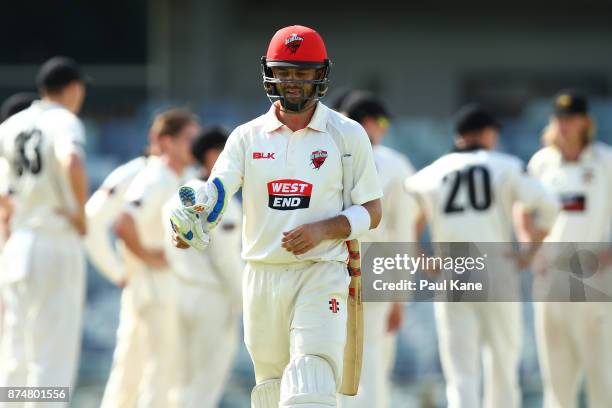 Callum Ferguson of South Australia walks back to the rooms after being dismissed by Andrew Holder of Western Australia during day four of the...