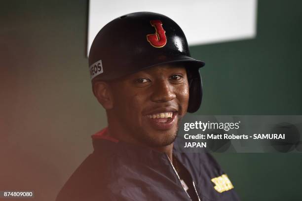 Outfielder Louis Okoye of Japan is seen prior to the Eneos Asia Professional Baseball Championship 2017 game between Japan and South Korea at Tokyo...