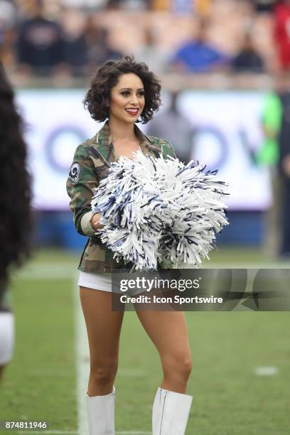 The Rams cheerleaders during an NFL game between the Houston Texans and the Los Angeles Rams on November 12, 2017 at the Los Angeles Memorial...