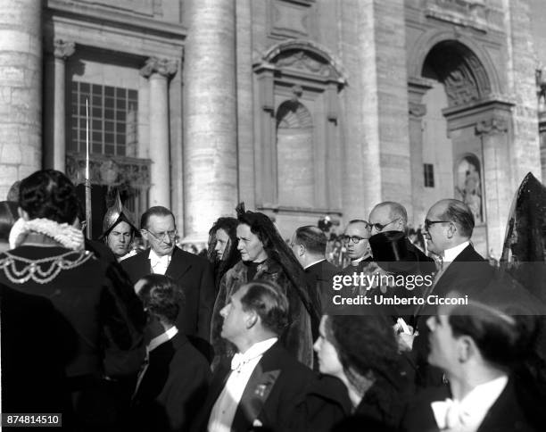 Alcide De Gasperi and his wife Francesca Romani at the Assumption of Mary ceremony, Vatican 1950.