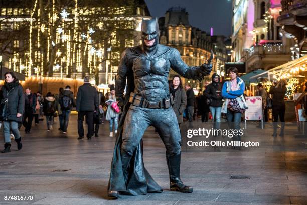 The character Batman from the Justice League film poses in character outisde the UK premiere during a photocall at The Leicester Square Odeon Cinema...
