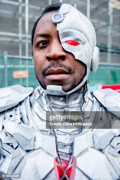 The character Cyborg from the Justice League film poses in character on the London Underground during a photocall en route to The Leicester Square...