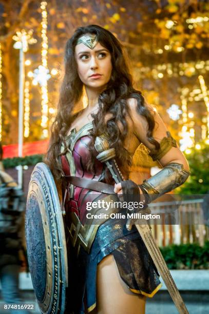 The character Wonder Woman from the Justice League film poses in character outisde the UK premiere during a photocall at The Leicester Square Odeon...
