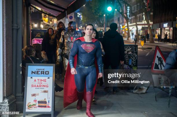 The characters Aquaman, Cyborg, Superman and Wonder Woman from the Justice League film poses in character outisde before the UK premier during a...