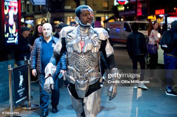 The character Cyborg from the Justice League film poses in character outisde the UK premiere during a photocall at The Leicester Square Odeon Cinema...